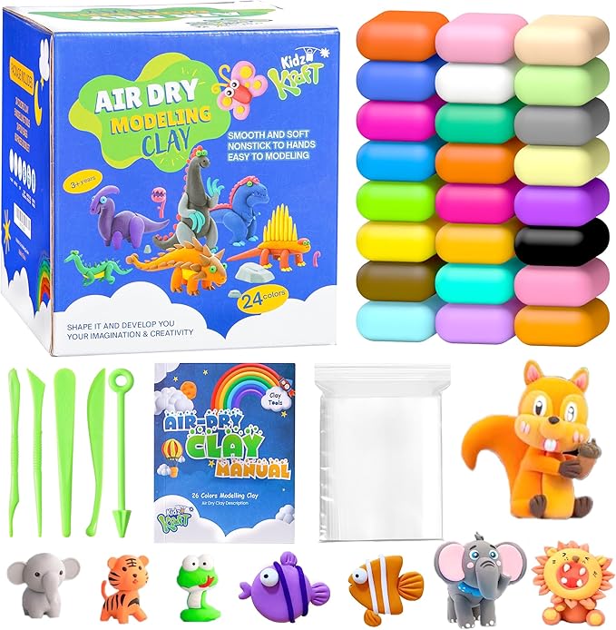 Air Dry Clay for Kids – 24 Colour Modelling Clay Kit with 5 Clay Tools (20g Packs) Clay Sets for Kids