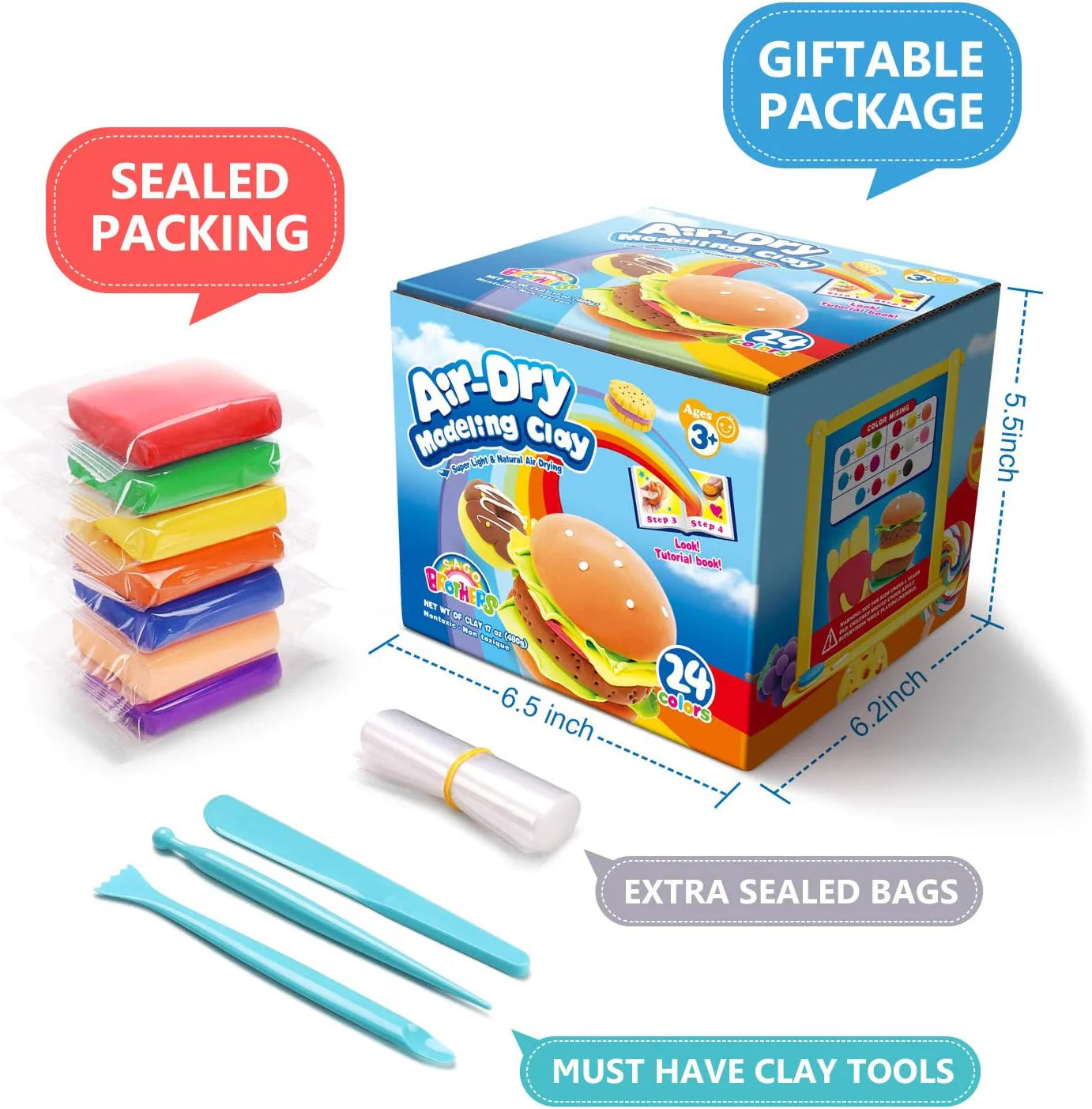 Air Dry Clay for Kids – 24 Colour Modelling Clay Kit with 5 Clay Tools (20g Packs) Clay Sets for Kids